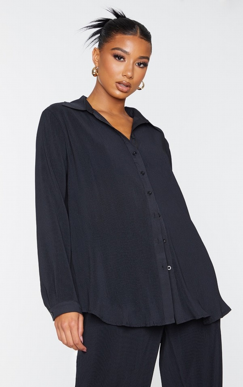 Black Pretty Little Thing Plisse Button Front Oversized Shirts | CYGMPZA-62