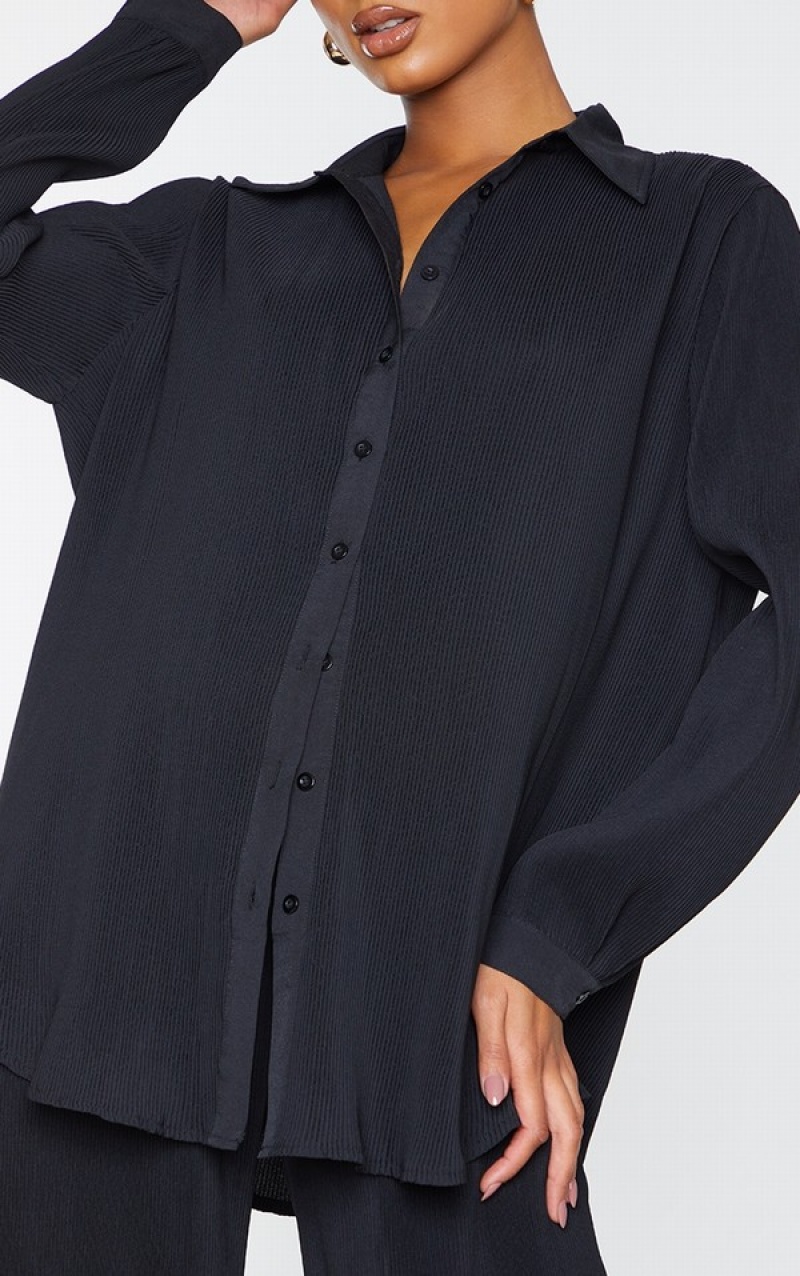 Black Pretty Little Thing Plisse Button Front Oversized Shirts | CYGMPZA-62