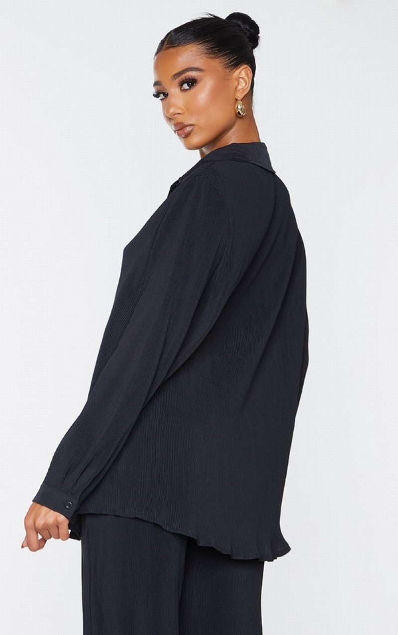 Black Pretty Little Thing Plisse Button Front Oversized Shirts | CYGMPZA-62