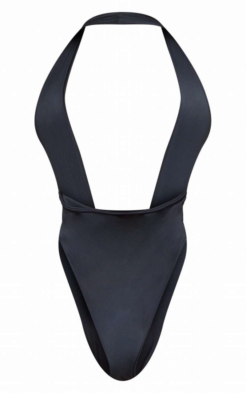 Black Pretty Little Thing Plunge Detail Swimsuits | PGBHQWR-31