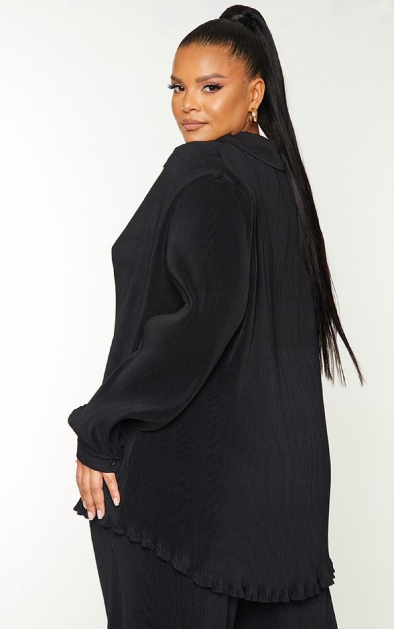 Black Pretty Little Thing Plus Black Plisse Button Front Oversized Shirts | QBDXHEA-48