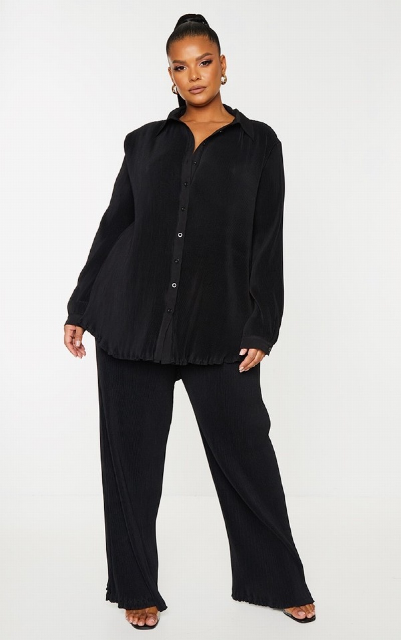 Black Pretty Little Thing Plus Black Plisse Button Front Oversized Shirts | QBDXHEA-48