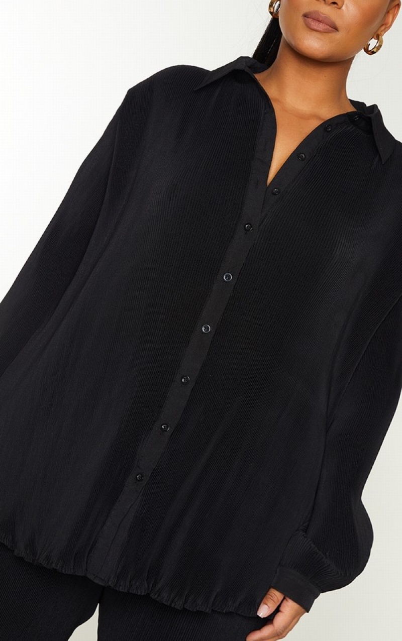 Black Pretty Little Thing Plus Black Plisse Button Front Oversized Shirts | QBDXHEA-48