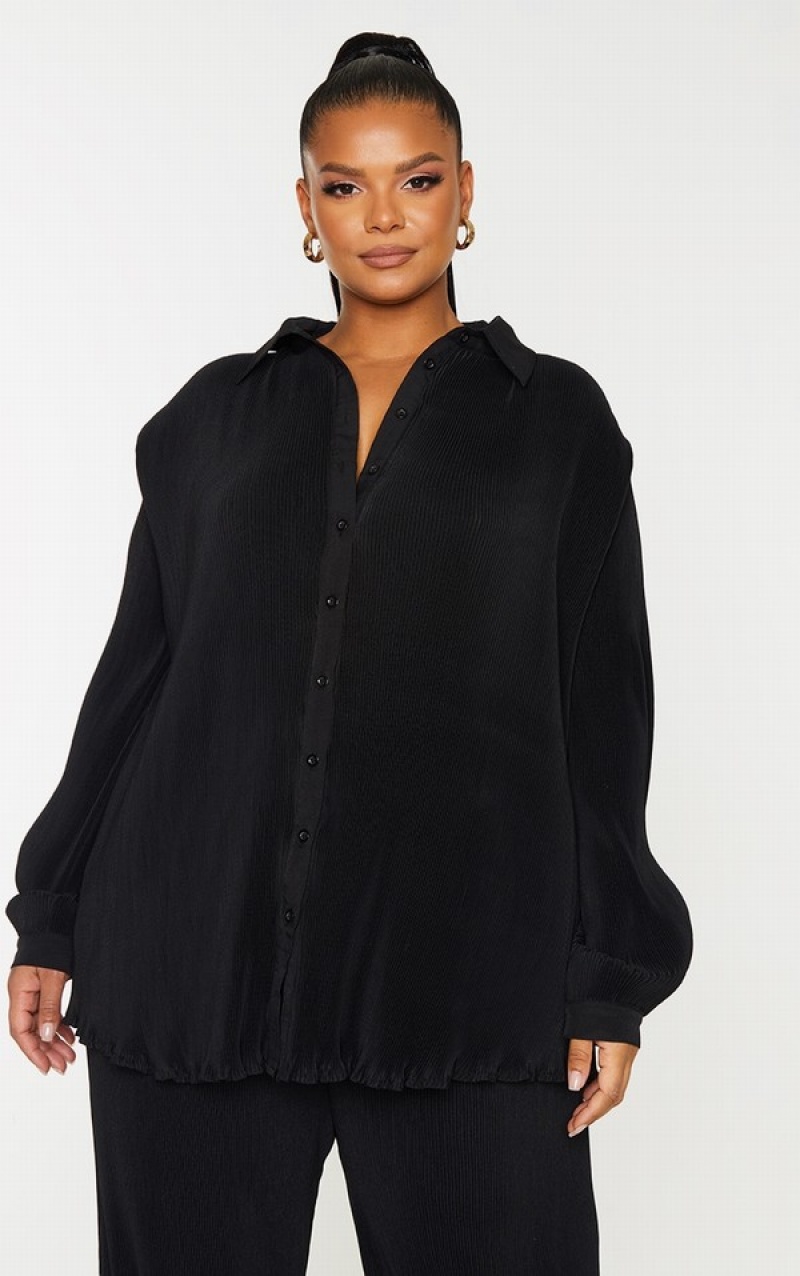 Black Pretty Little Thing Plus Black Plisse Button Front Oversized Shirts | QBDXHEA-48