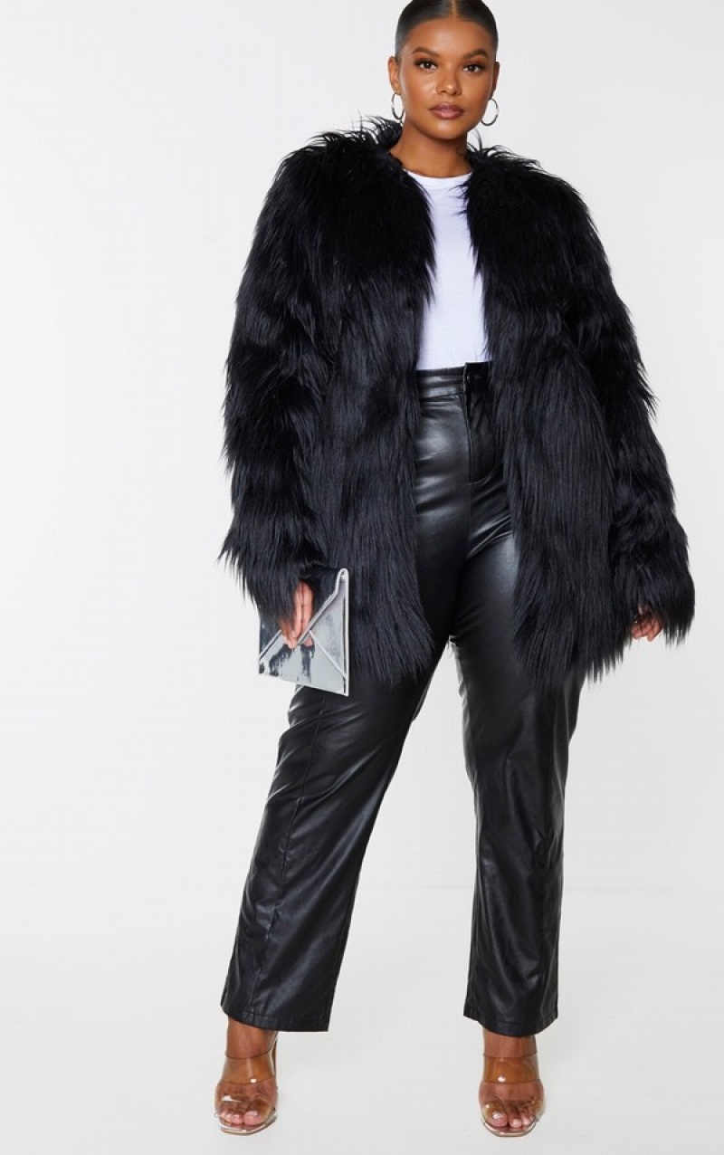 Black Pretty Little Thing Plus Amaria Shaggy Faux Fur Jackets | CJWQGPN-73