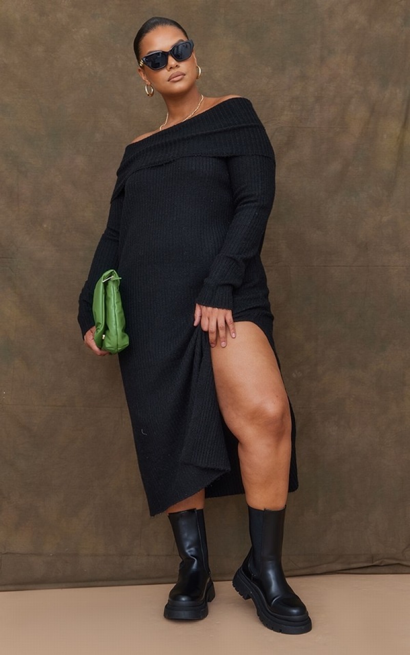 Black Pretty Little Thing Plus Bardot Oversized Thick Knit Dresses | XGMWEPD-97