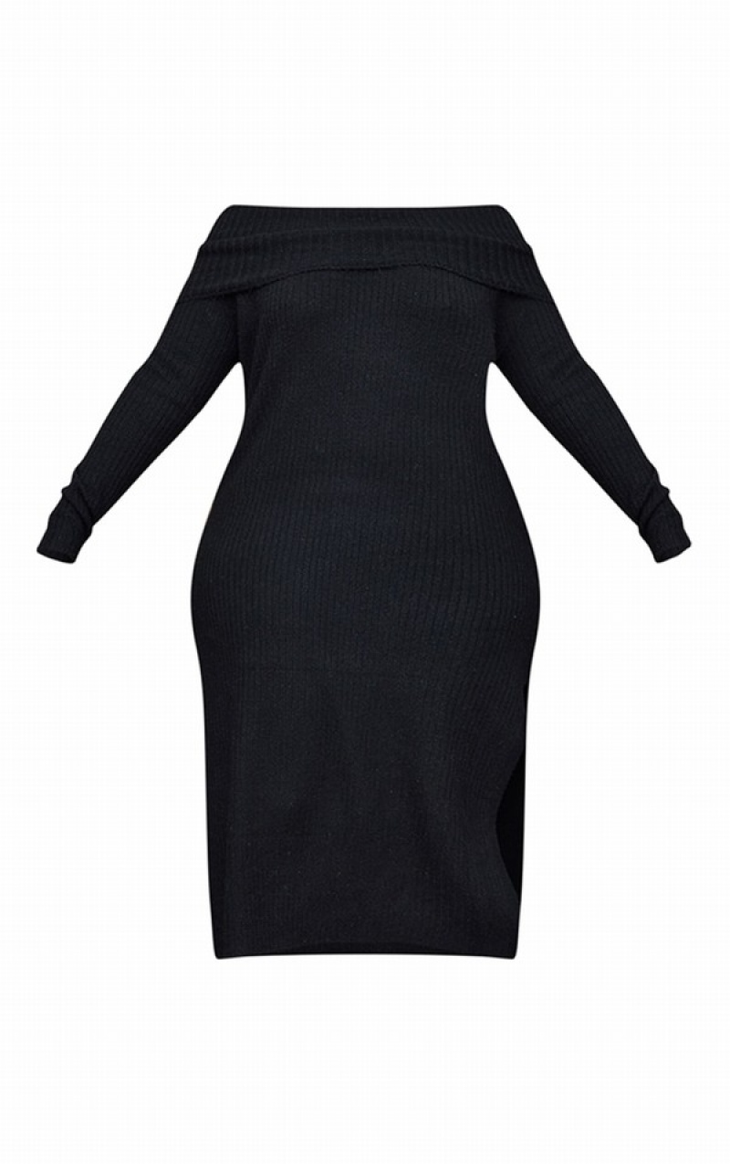 Black Pretty Little Thing Plus Bardot Oversized Thick Knit Dresses | XGMWEPD-97