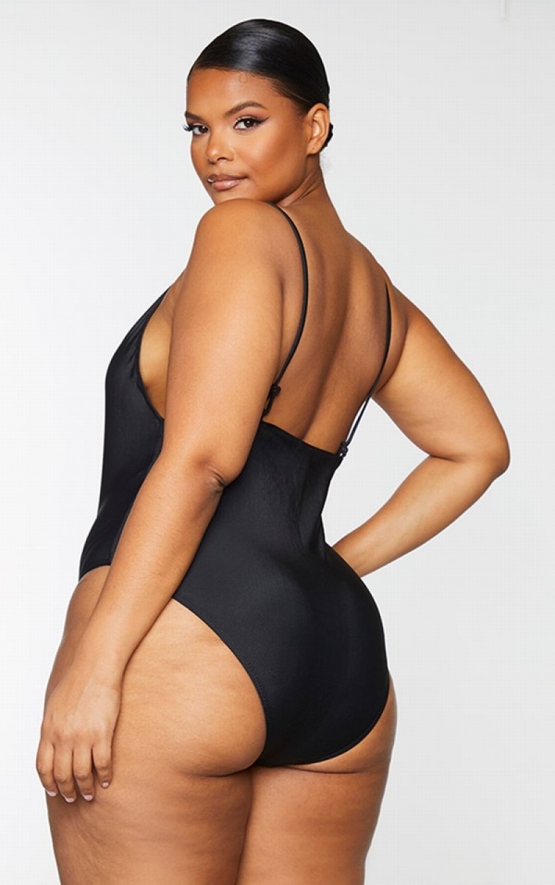 Black Pretty Little Thing Plus Basic Low Scoop Swimsuits | OUTJSIL-75