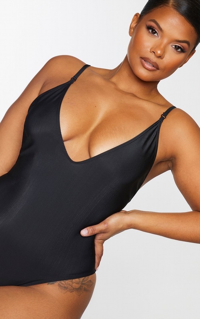 Black Pretty Little Thing Plus Basic Low Scoop Swimsuits | OUTJSIL-75