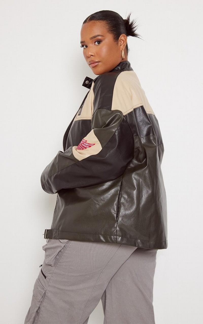 Black Pretty Little Thing Plus Contrast Panel Oversized Faux Leather Motocross Jackets | IQWAFCN-93