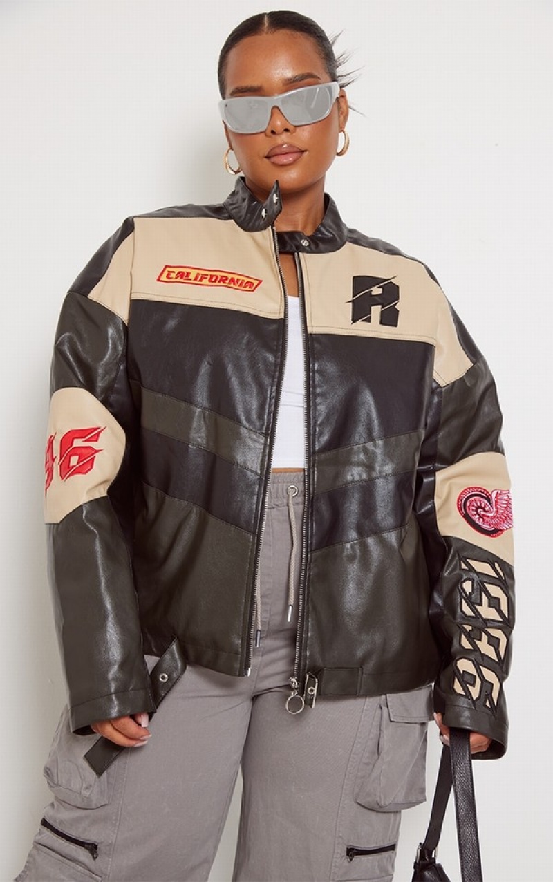 Black Pretty Little Thing Plus Contrast Panel Oversized Faux Leather Motocross Jackets | IQWAFCN-93