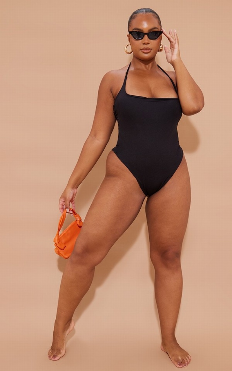 Black Pretty Little Thing Plus Cowl Neck Swimsuits | EGQTVWB-47