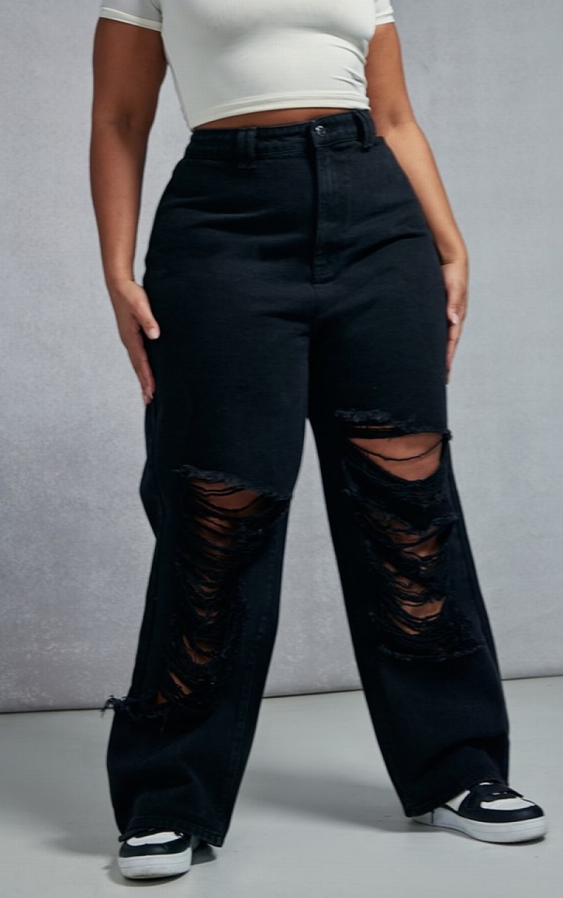 Black Pretty Little Thing Plus Distressed Wide Leg Jeans | VWKTBUQ-52