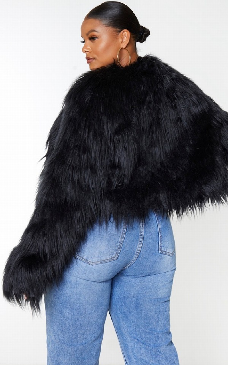 Black Pretty Little Thing Plus Faux Fur Shaggy Cropped Jackets | GWMJFIY-90