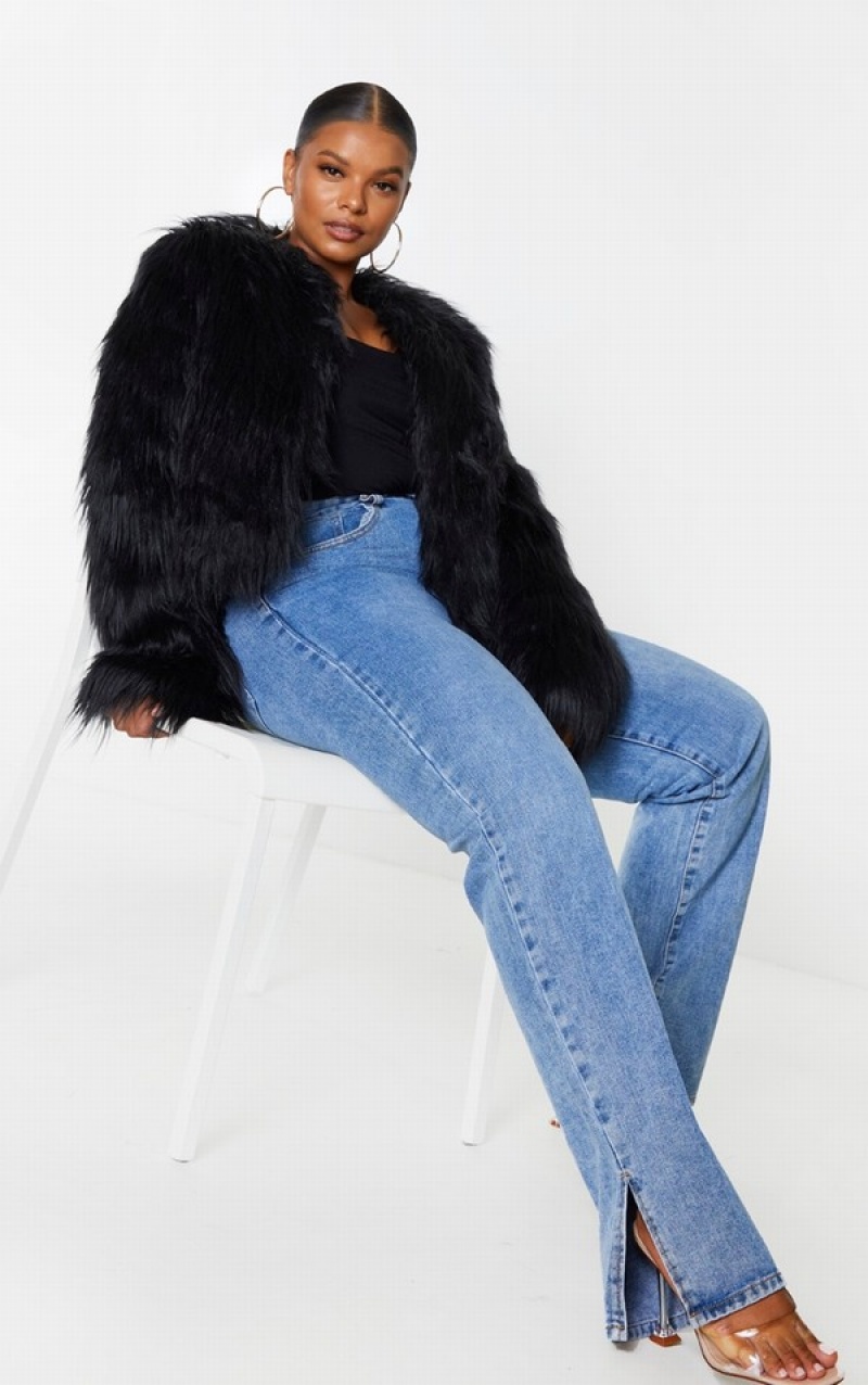 Black Pretty Little Thing Plus Faux Fur Shaggy Cropped Jackets | GWMJFIY-90