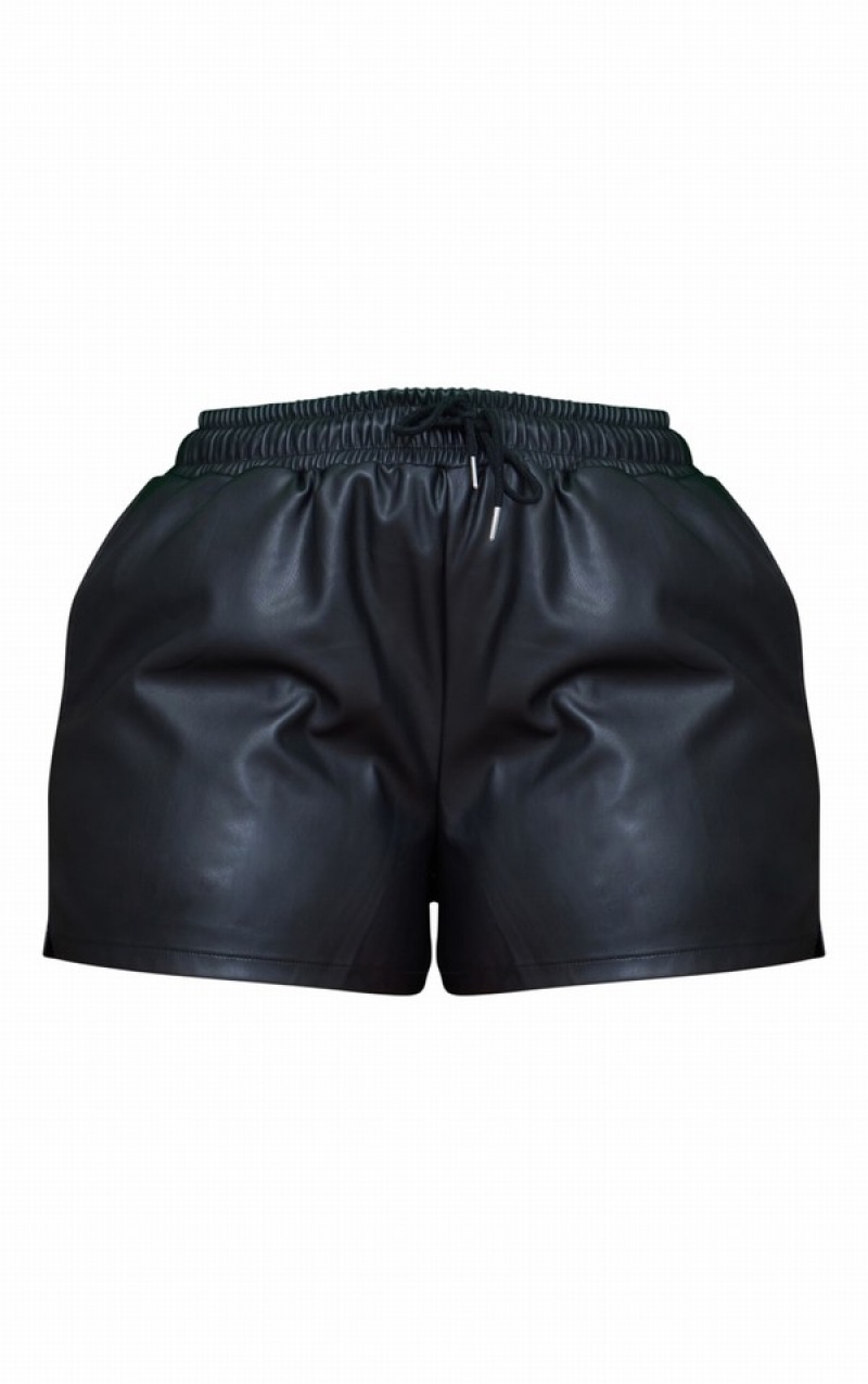 Black Pretty Little Thing Plus Faux Leather Elasticated Tie Waist Pocket Bum Shorts | IDONFMU-92