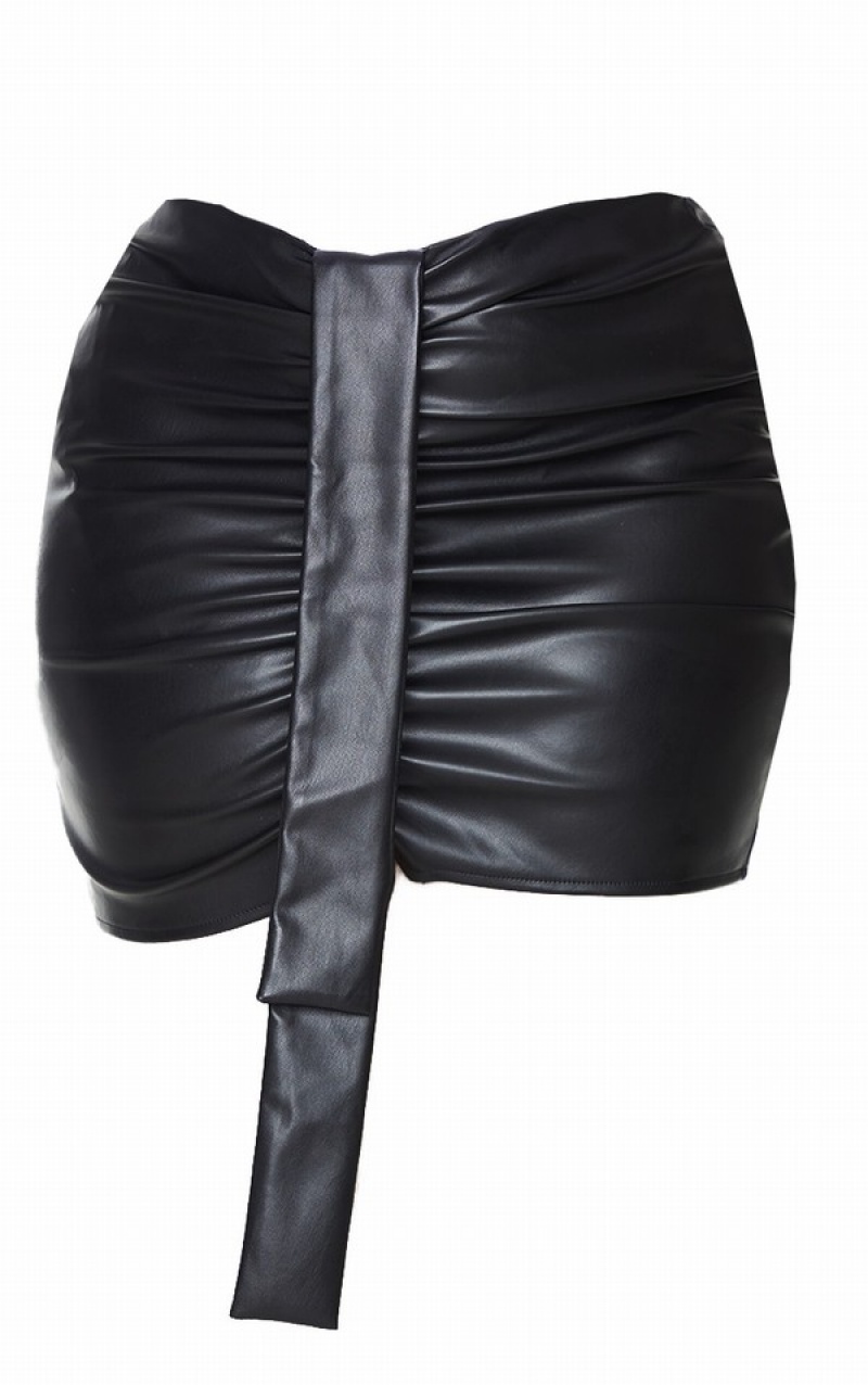 Black Pretty Little Thing Plus Faux Leather V Front Ruched Skirts | PRQZJMX-12