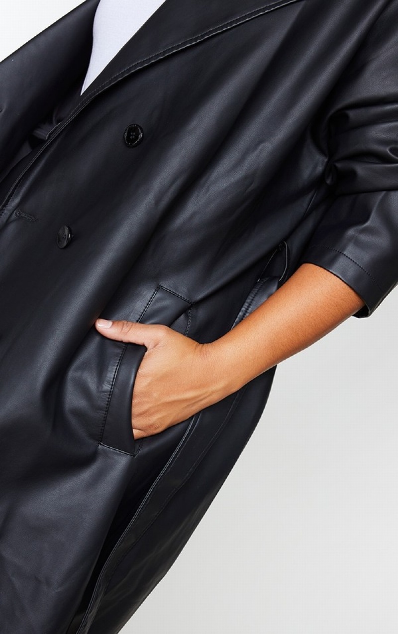 Black Pretty Little Thing Plus Faux Leather Drop Arm Trench Jackets | HRCKOAT-71