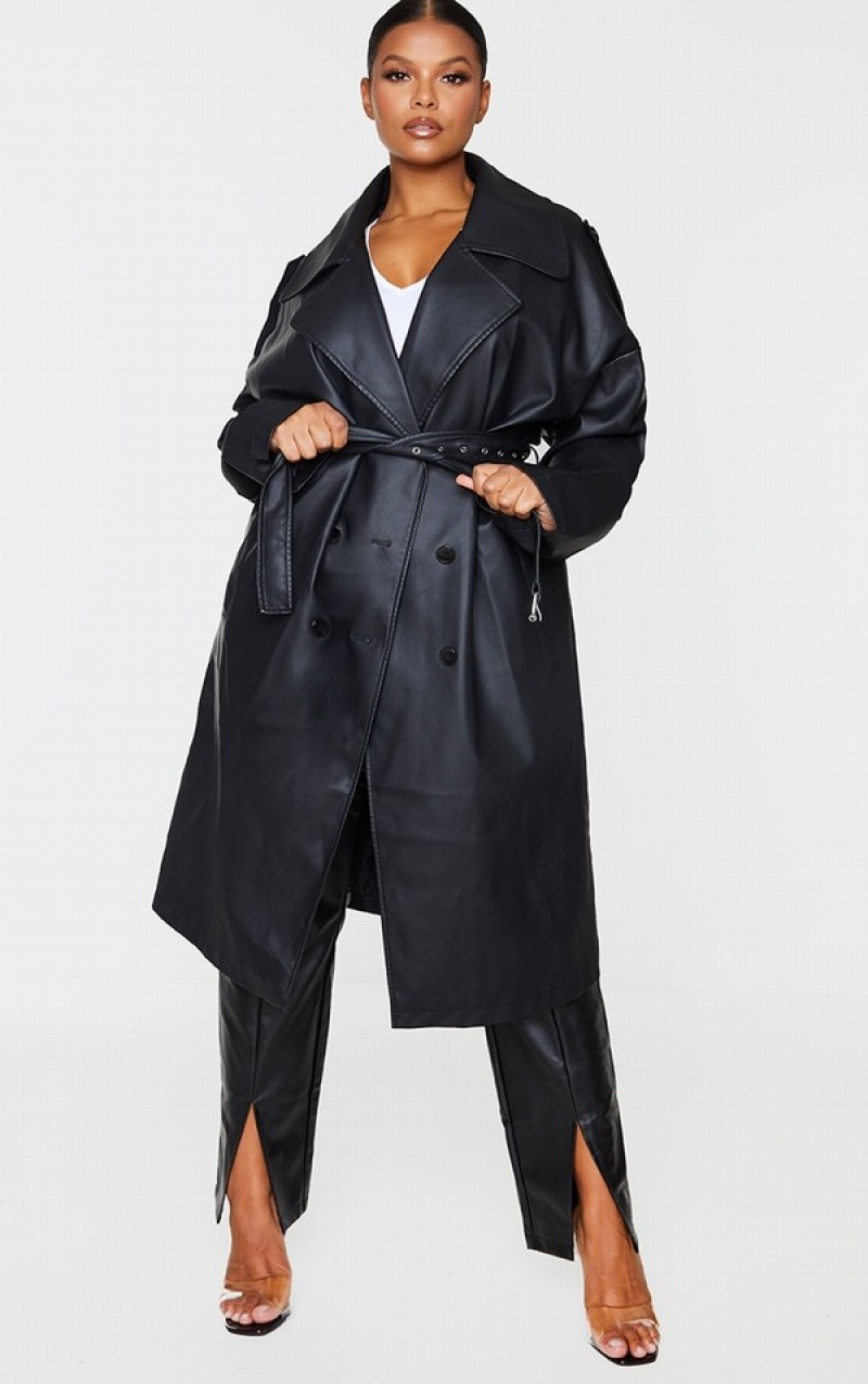 Black Pretty Little Thing Plus Faux Leather Drop Arm Trench Jackets | HRCKOAT-71