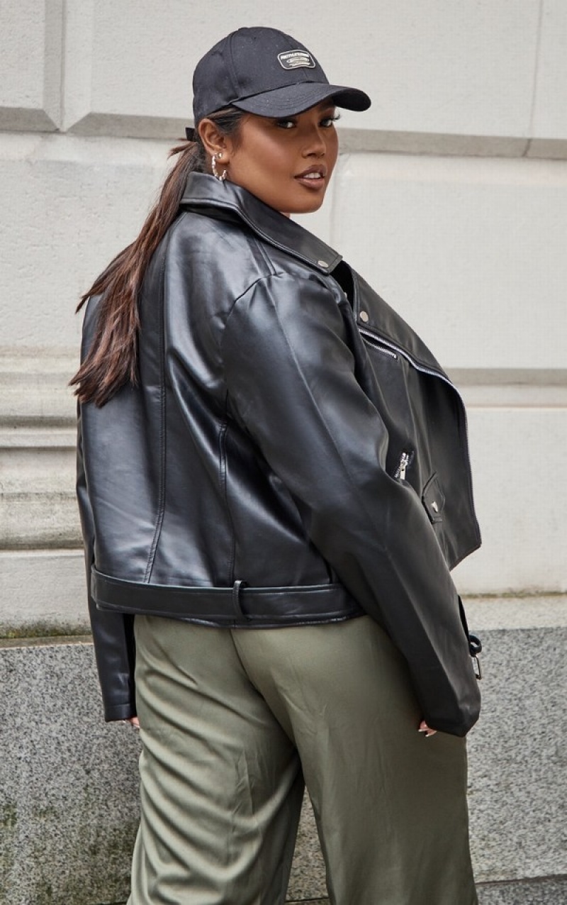 Black Pretty Little Thing Plus Faux Leather Zip Detail Biker Jackets | YZMEWFT-43