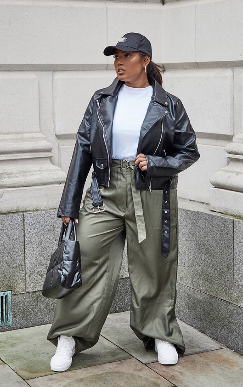 Black Pretty Little Thing Plus Faux Leather Zip Detail Biker Jackets | YZMEWFT-43