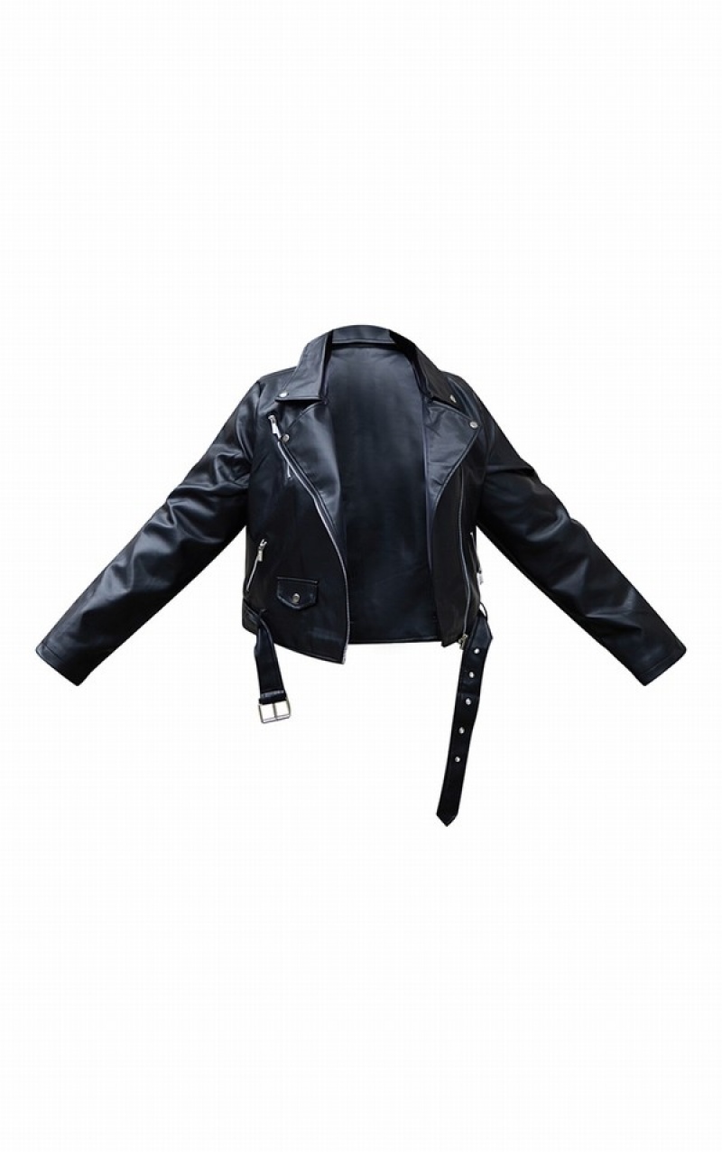 Black Pretty Little Thing Plus Faux Leather Zip Detail Biker Jackets | YZMEWFT-43