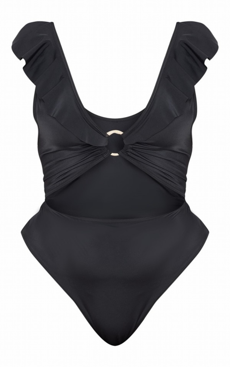 Black Pretty Little Thing Plus Frill Edge Detail Swimsuits | JBAHTEY-58