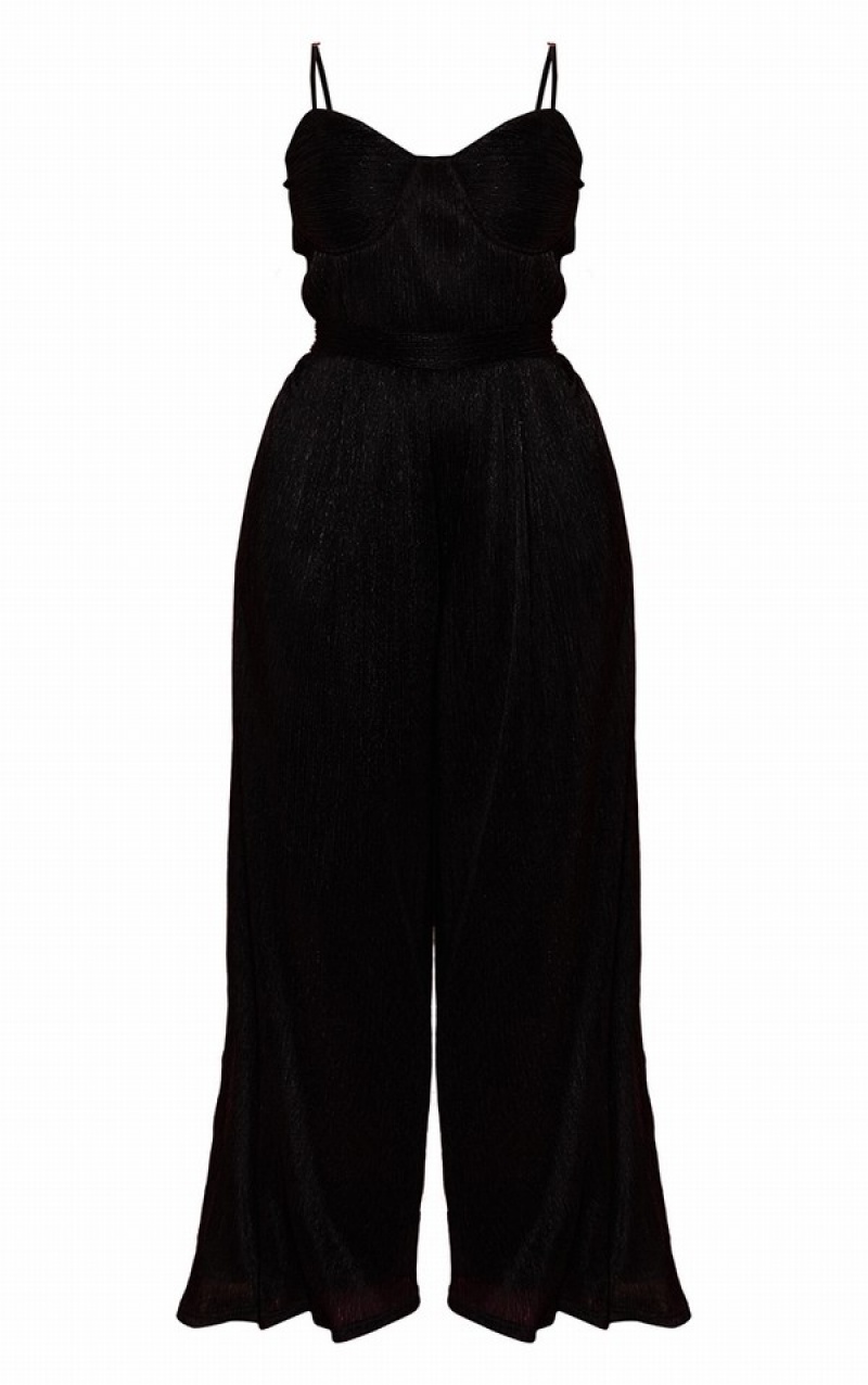 Black Pretty Little Thing Plus Glitter Cup Detail Wide Leg Jumpsuits | ADYVRQS-73