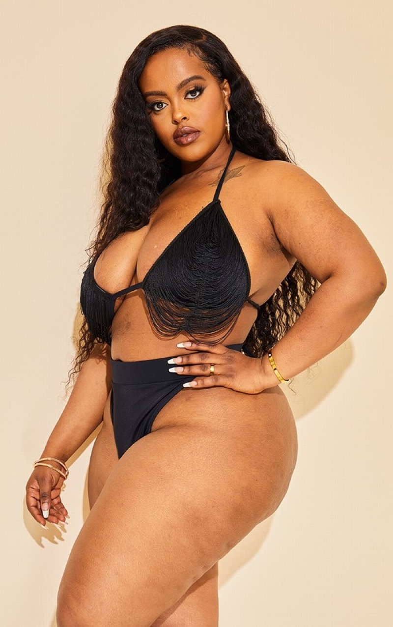 Black Pretty Little Thing Plus High Leg Bikini Bottoms | ECPHJQU-13