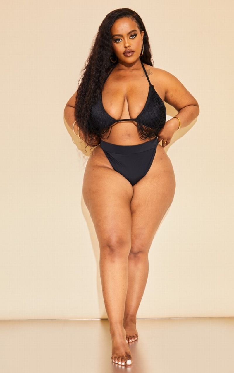 Black Pretty Little Thing Plus High Leg Bikini Bottoms | ECPHJQU-13