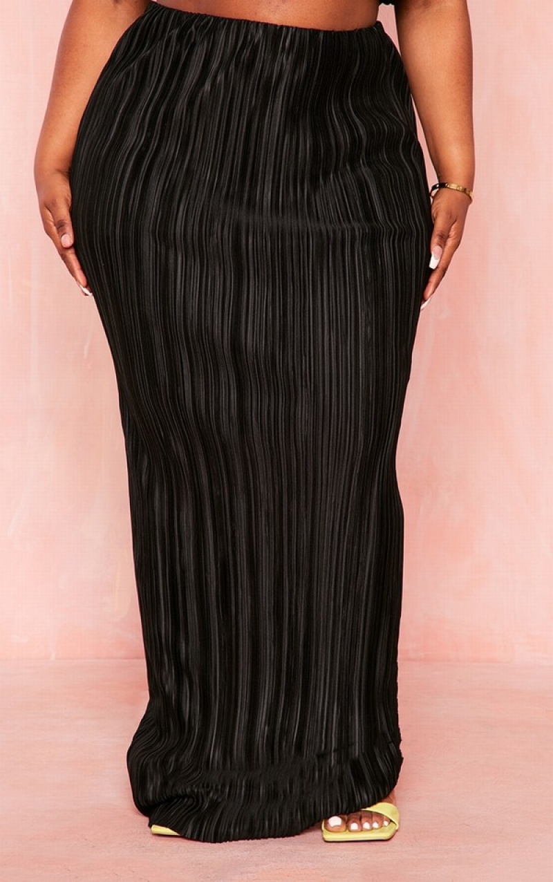 Black Pretty Little Thing Plus High Waisted Plisse Maxi Skirts | EYAPUID-93