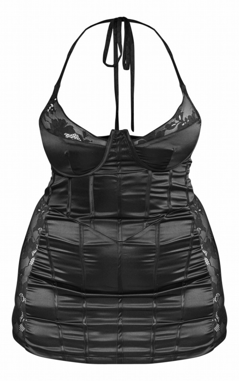 Black Pretty Little Thing Plus Lace Detail Satin Corset Bodycon Dresses | WBTKYUR-03