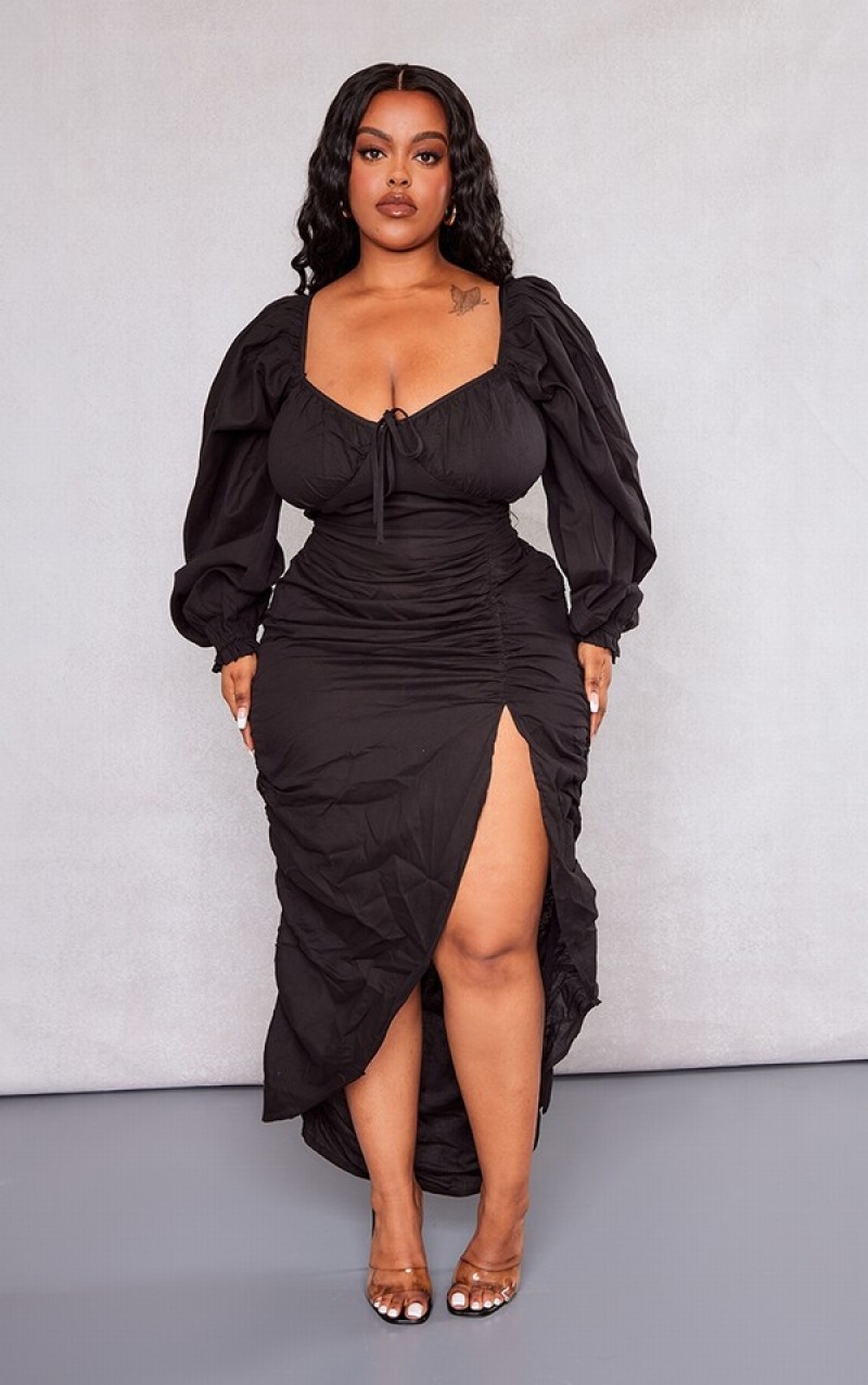 Black Pretty Little Thing Plus Linen Look Ruched Side Split Dresses | PDOMZBE-65