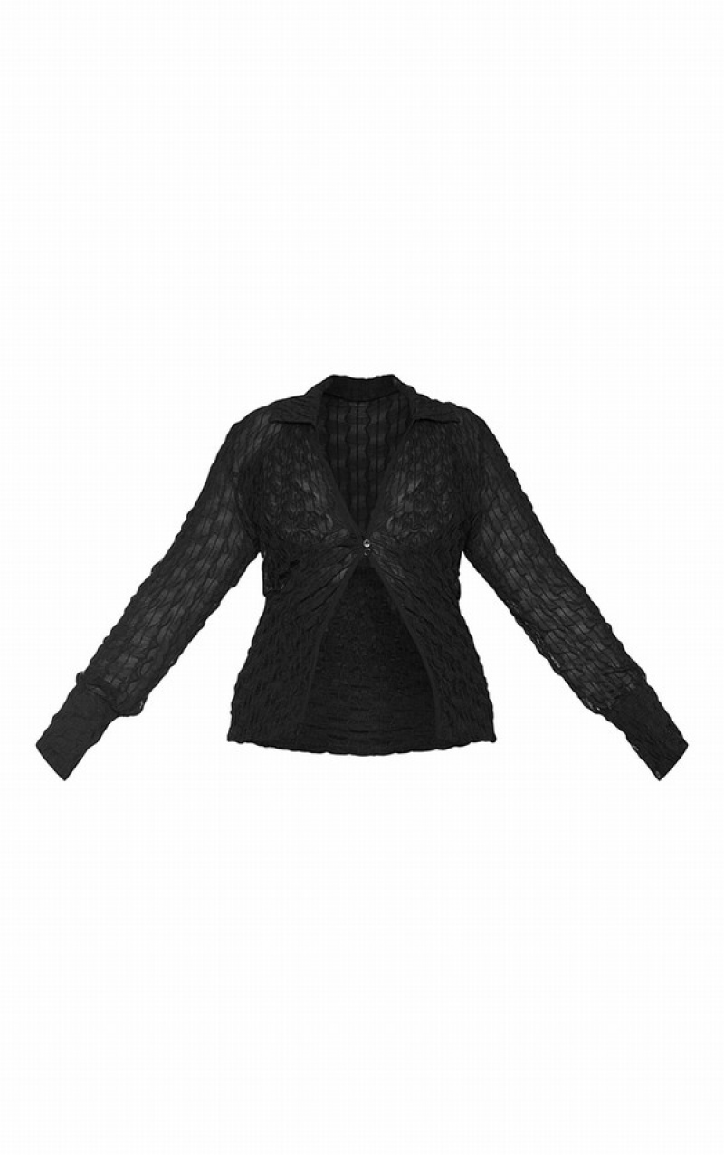 Black Pretty Little Thing Plus Mesh Button Front Shirts | UGPDNCI-97