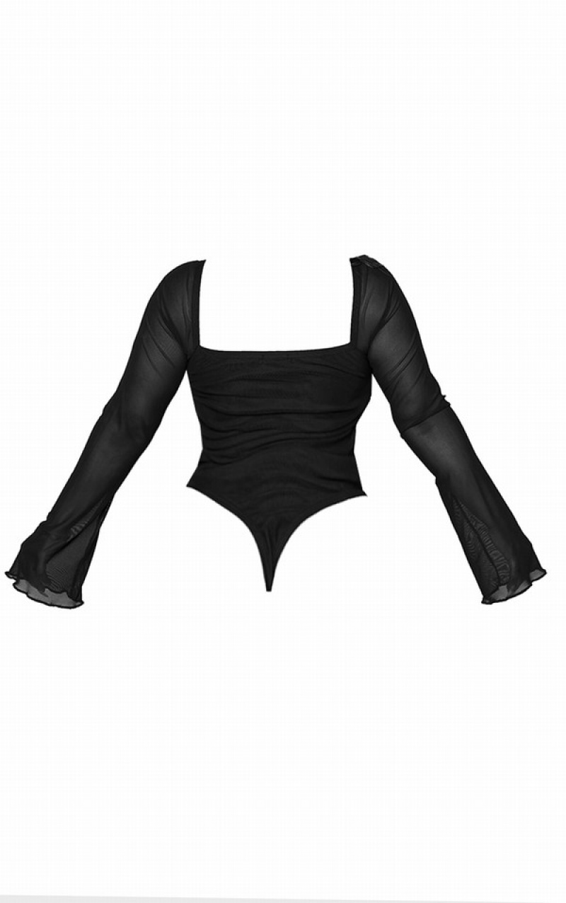 Black Pretty Little Thing Plus Mesh Sleeve Halter Neck Bodysuits | YUHVGPE-76