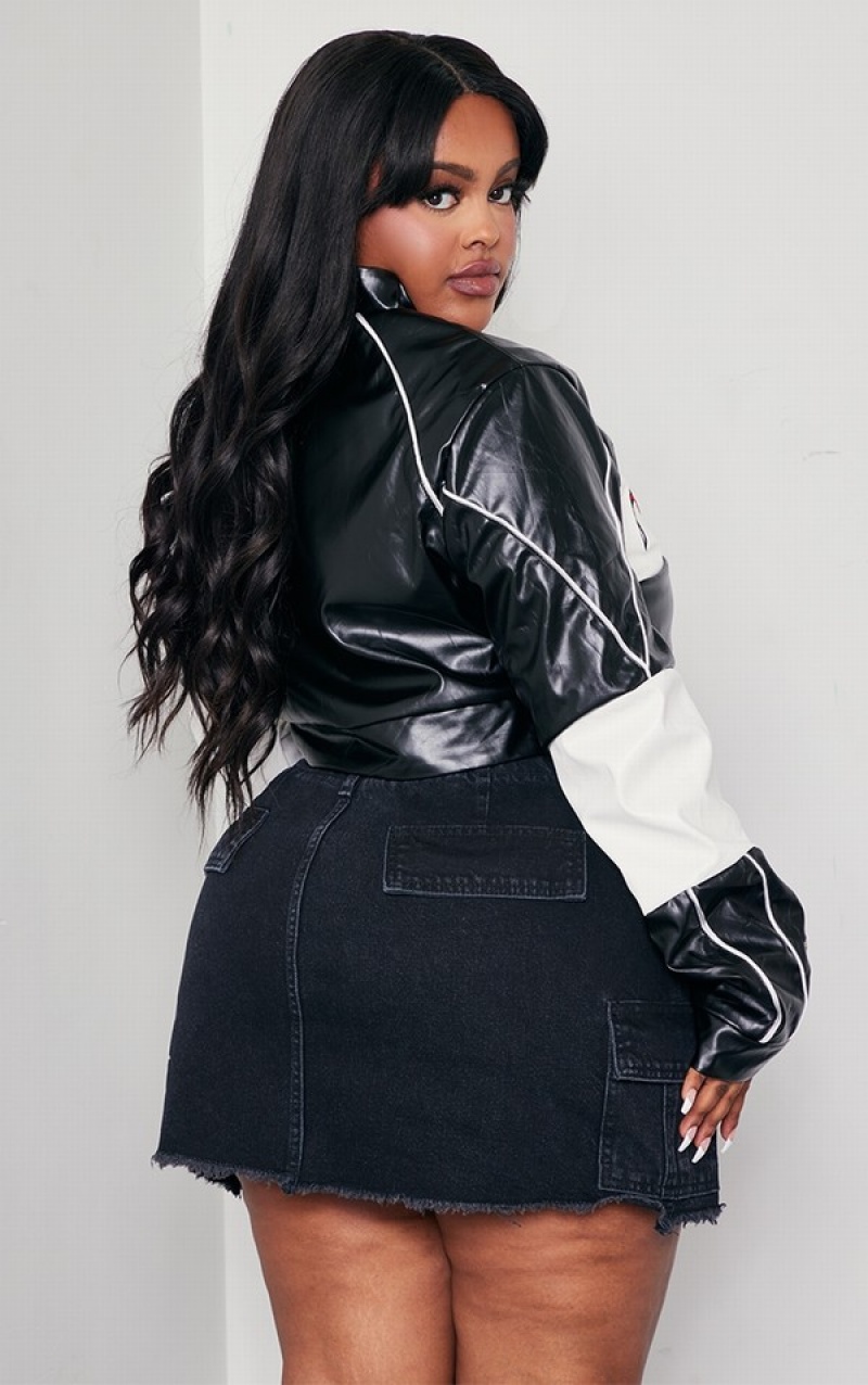 Black Pretty Little Thing Plus Motorsport PU Cropped Biker Jackets | IQTZRYL-72