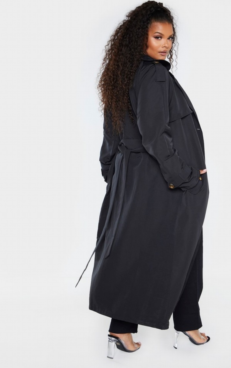 Black Pretty Little Thing Plus Oversized Button Down Trench Coats | WKZOAUH-13