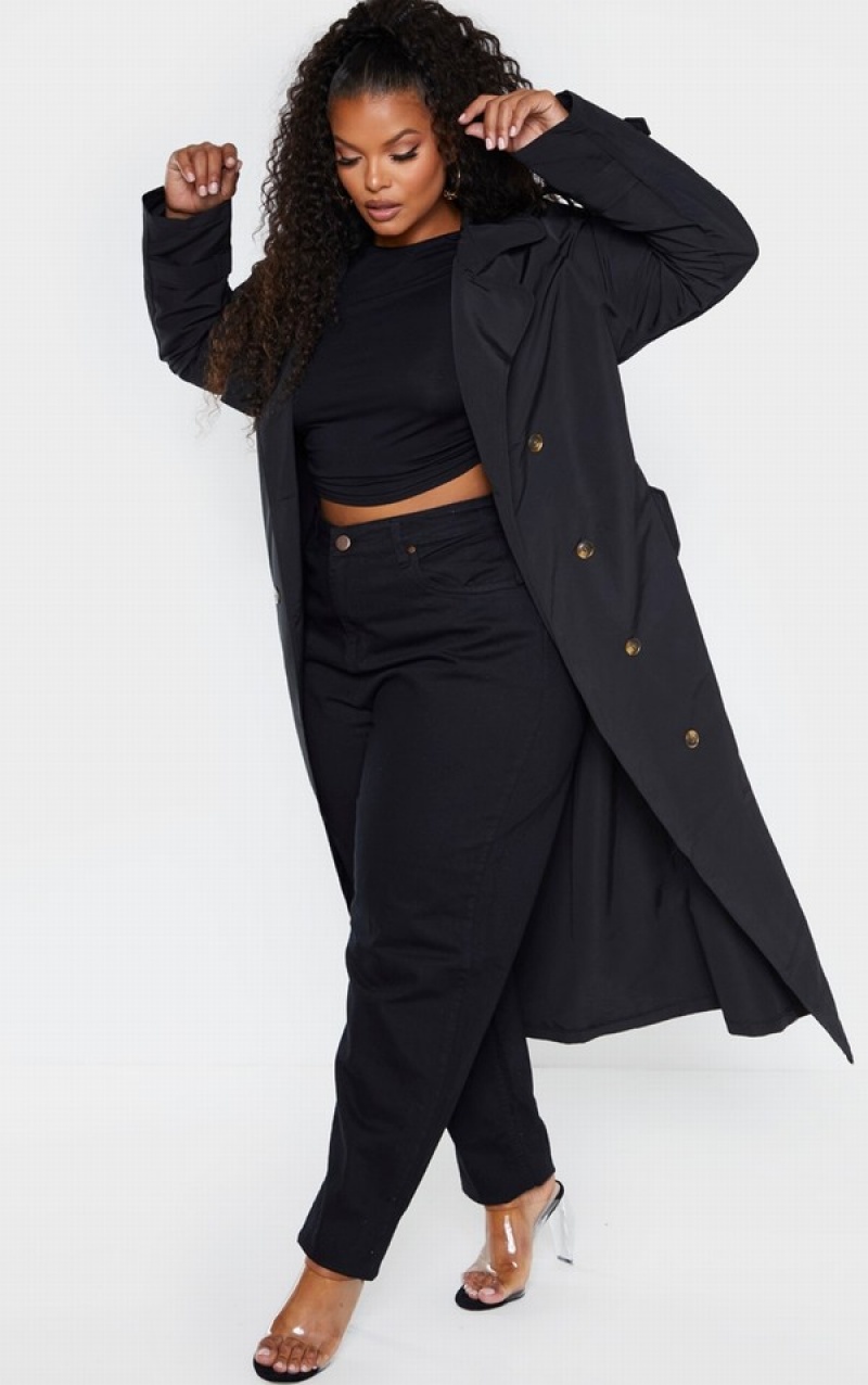 Black Pretty Little Thing Plus Oversized Button Down Trench Coats | WKZOAUH-13