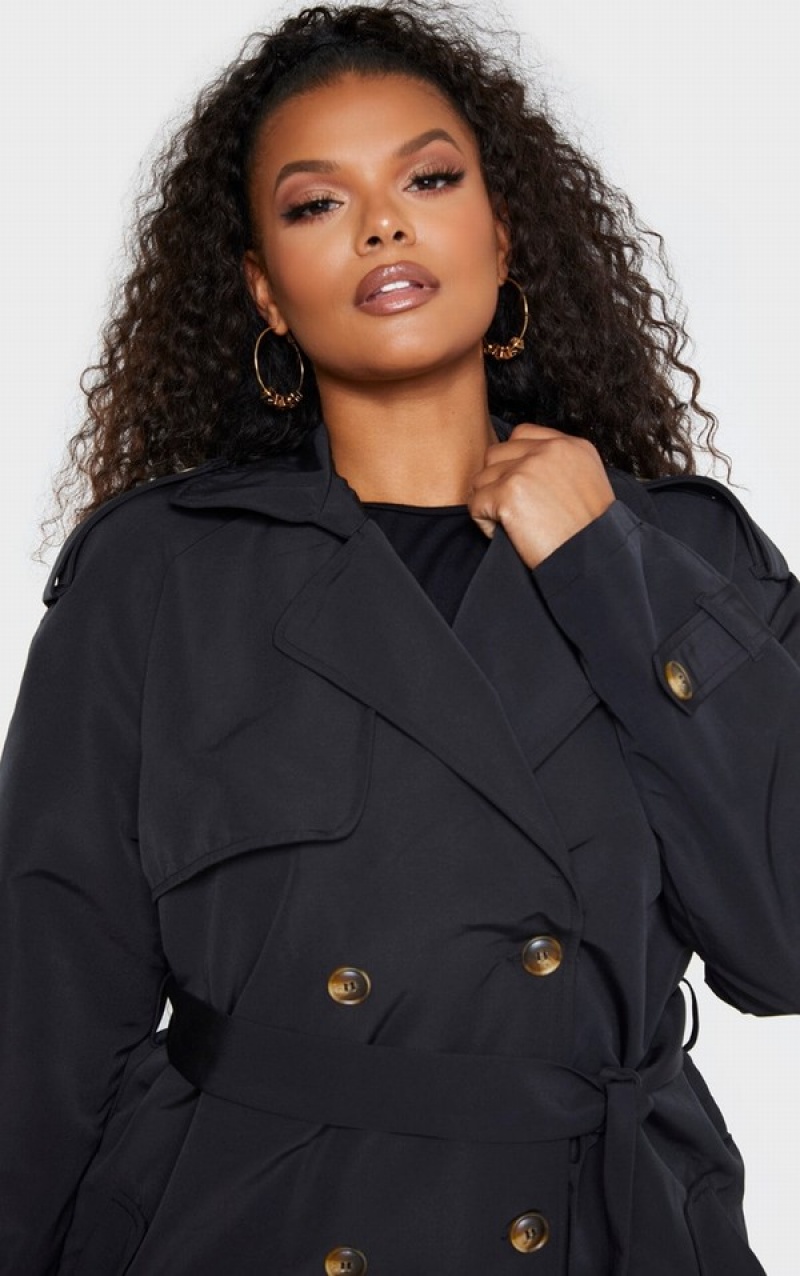 Black Pretty Little Thing Plus Oversized Button Down Trench Coats | WKZOAUH-13