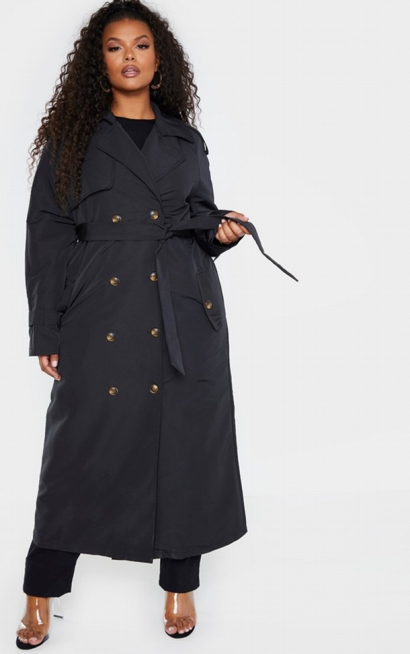 Black Pretty Little Thing Plus Oversized Button Down Trench Coats | WKZOAUH-13