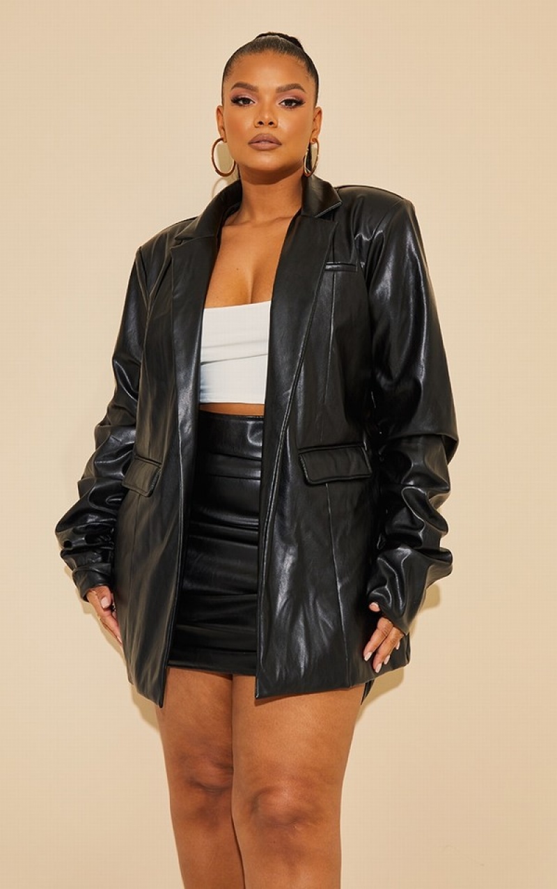 Black Pretty Little Thing Plus PU Ruched Sleeve Blazers | HVWPNLD-31