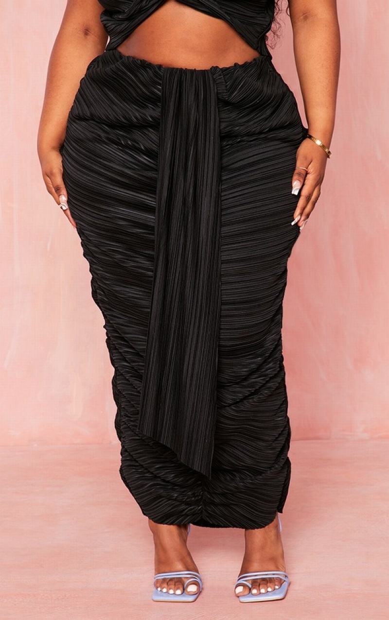 Black Pretty Little Thing Plus Plisse Drape Front Maxi Skirts | RAWXTJS-31