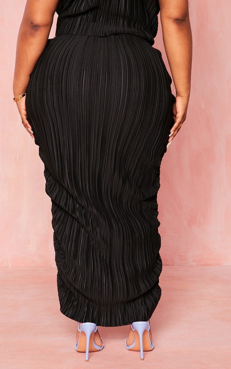 Black Pretty Little Thing Plus Plisse Drape Front Maxi Skirts | RAWXTJS-31