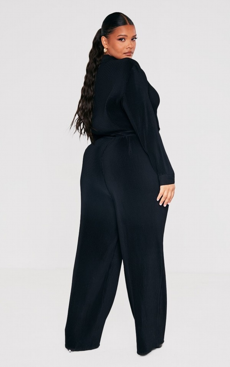 Black Pretty Little Thing Plus Plisse Jumpsuits | TCDLKEW-74