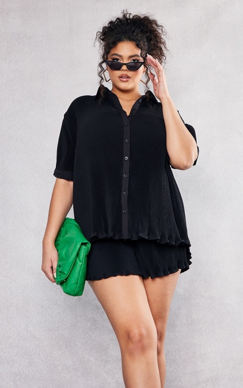 Black Pretty Little Thing Plus Plisse Sleeve Shirts | PUBYQOT-83