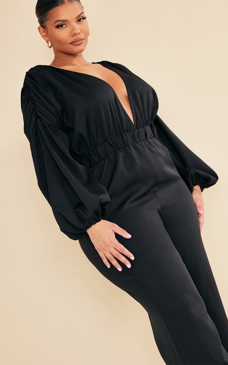 Black Pretty Little Thing Plus Puff Sleeve Jumpsuits | OZEJXWY-59