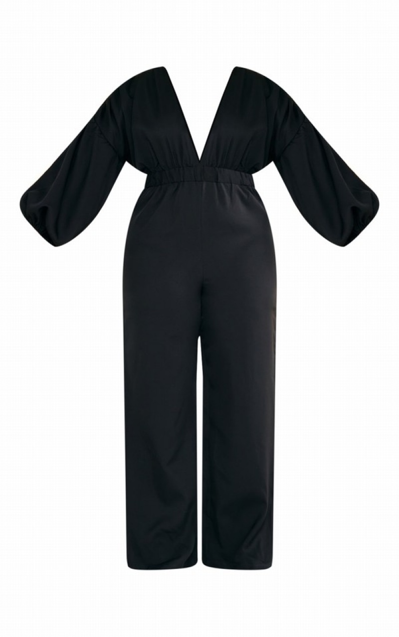 Black Pretty Little Thing Plus Puff Sleeve Jumpsuits | OZEJXWY-59