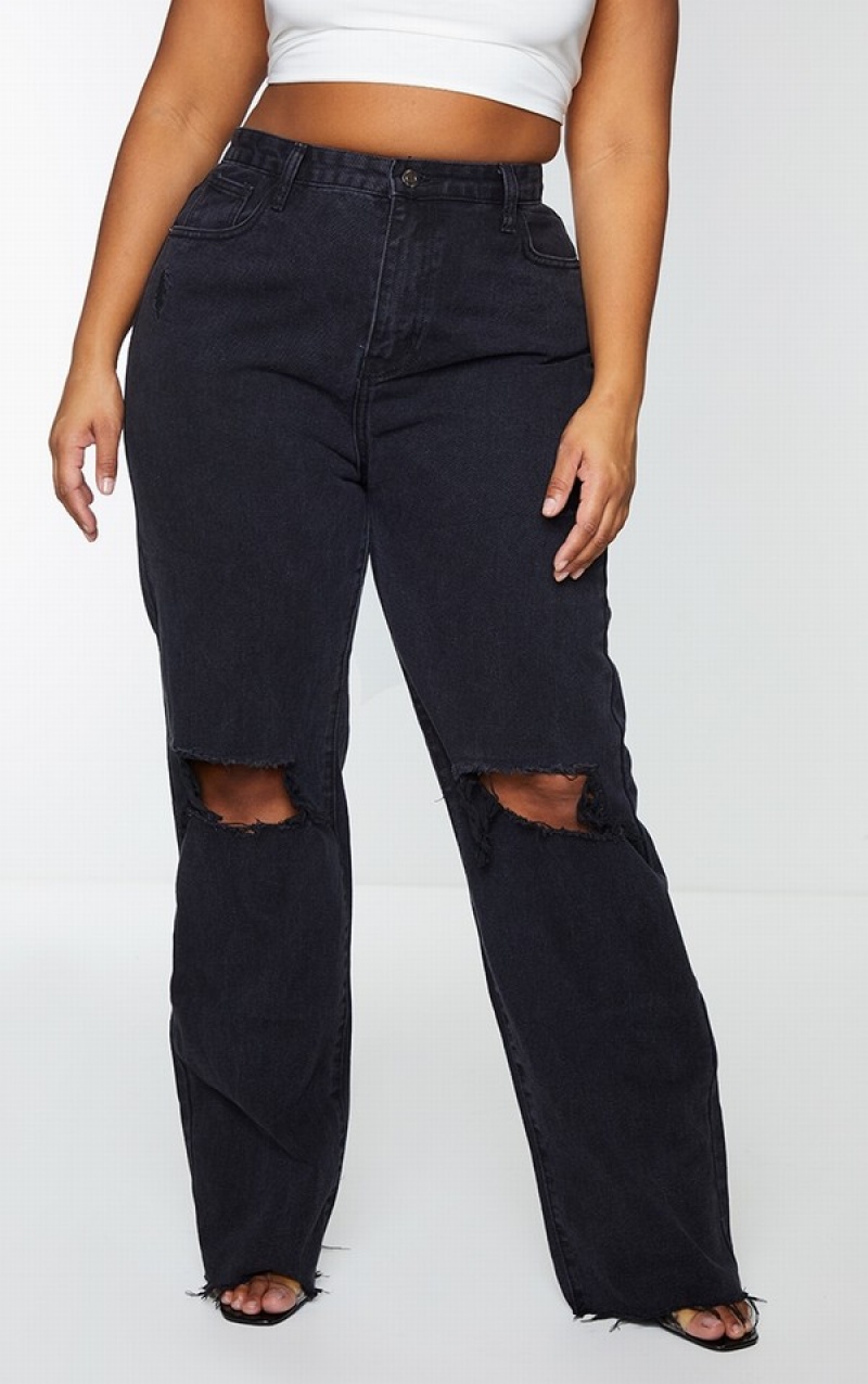 Black Pretty Little Thing Plus Ripped Long Leg Straight Jeans | ONWUTDB-45