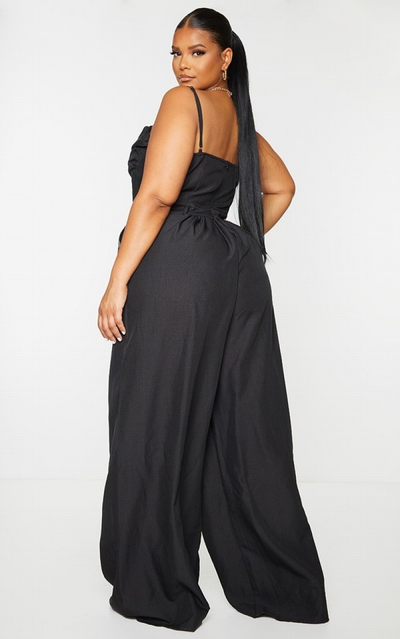 Black Pretty Little Thing Plus Ruched Cup Strappy Wide Leg Jumpsuits | KIZVENG-50