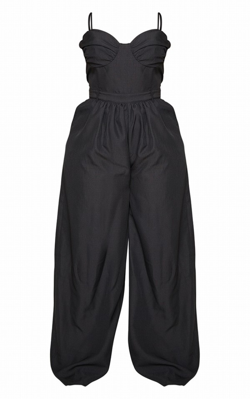 Black Pretty Little Thing Plus Ruched Cup Strappy Wide Leg Jumpsuits | KIZVENG-50